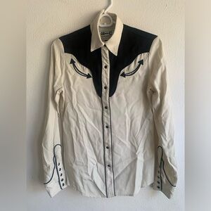 H Bar C Black Cream Long Sleeve Pearl Snap Bolero Shirt Top XS Western Tencel
